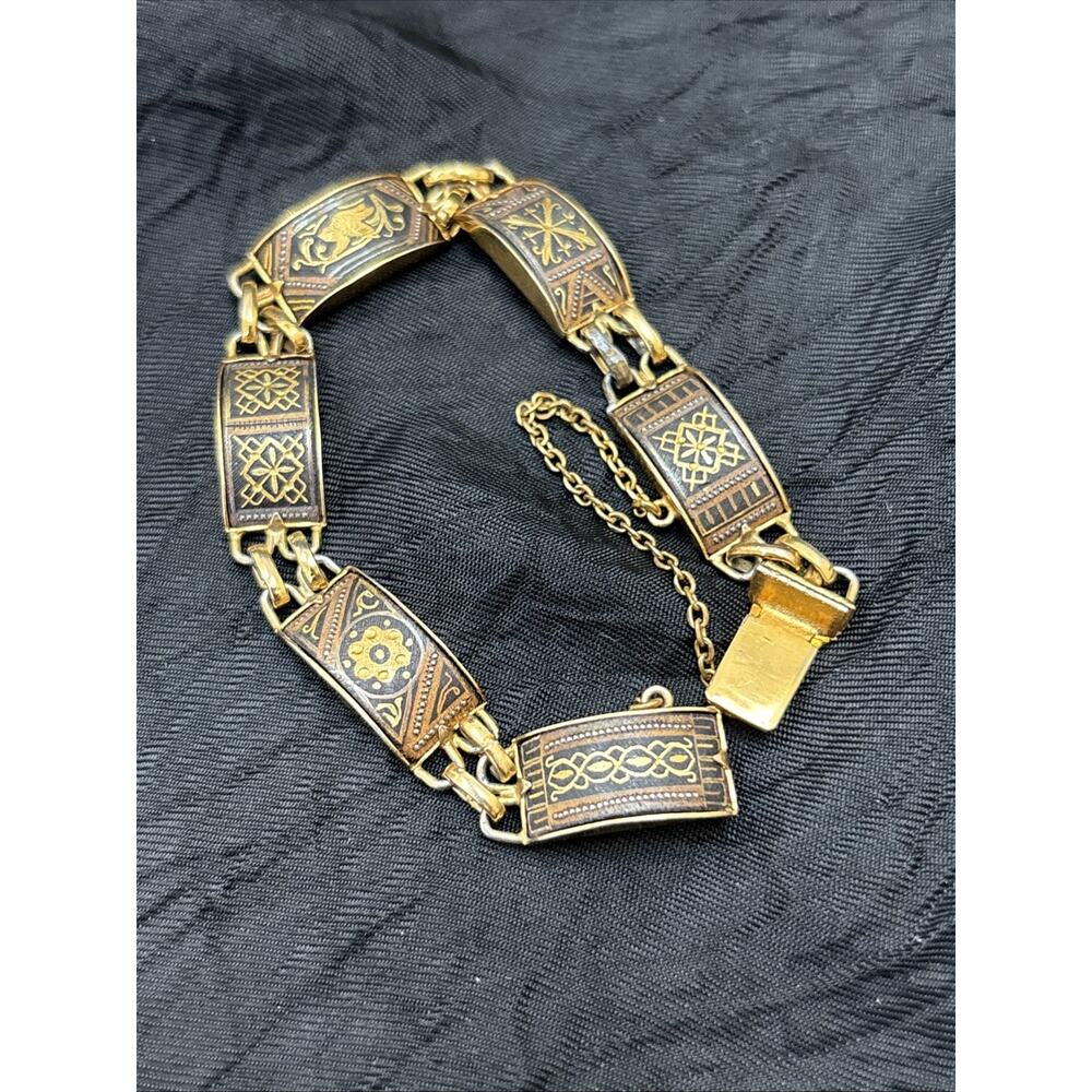 Vintage Spanish Damascene Bracelet Toledo Geometric Arabesque Gold Tone 6.5"